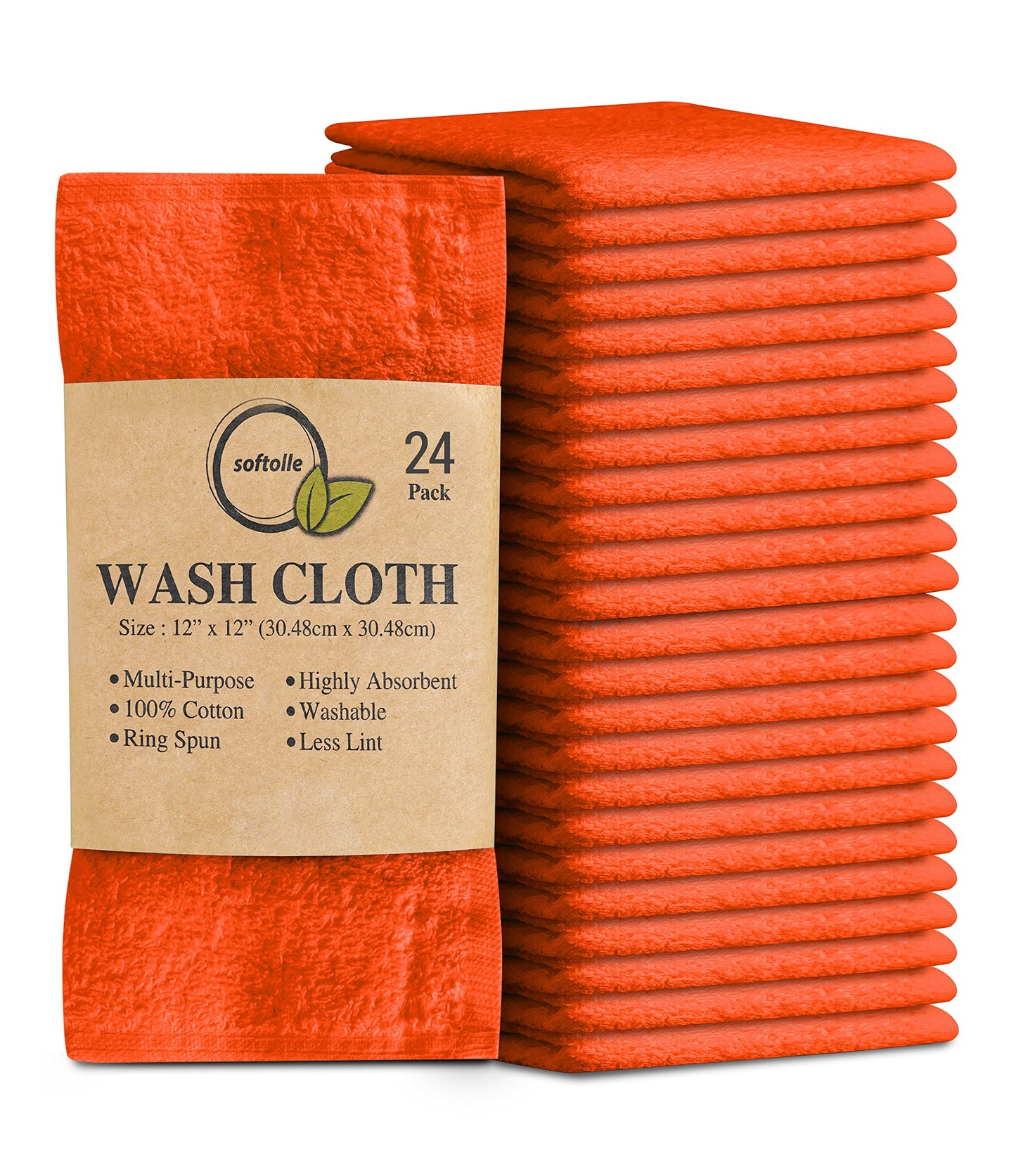 Softolle 100% Cotton Washcloths 24 Pack (12x12 Inches) Soft, Highly Absorbent Washcloth, Face Towels, Wash Cloths for Face, Ring Spun, Bulk Pack (Orange, 24 Pack)
