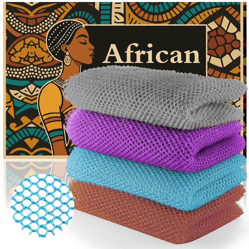 SpiralScgv African Bath Sponge 4 Pieces - Net Exfoliator for Glowing Skin, Long-Lasting Nylon Mesh Scrubber, Gentle Enough for Daily Use (Brown, Blue, Purple, Gray)