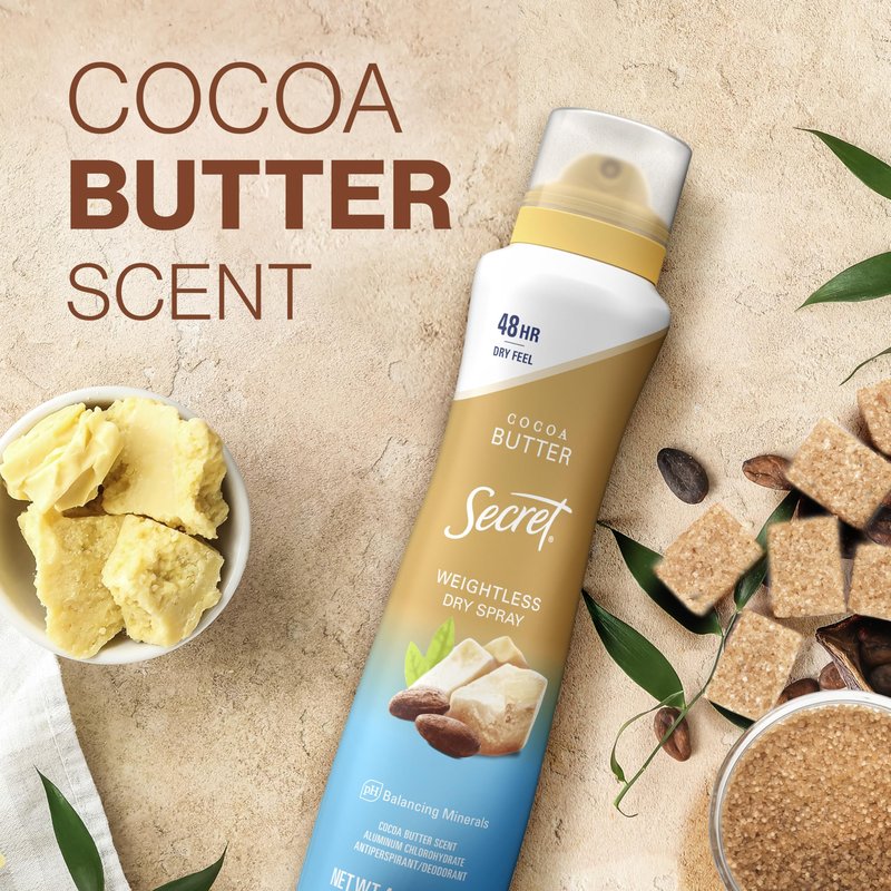 Secret Dry Spray Antiperspirant Deodorant for Women, 48hr Weightless Sweat & Odor Protection, Gentle on Skin, Cocoa Butter Scent, 4.1 oz