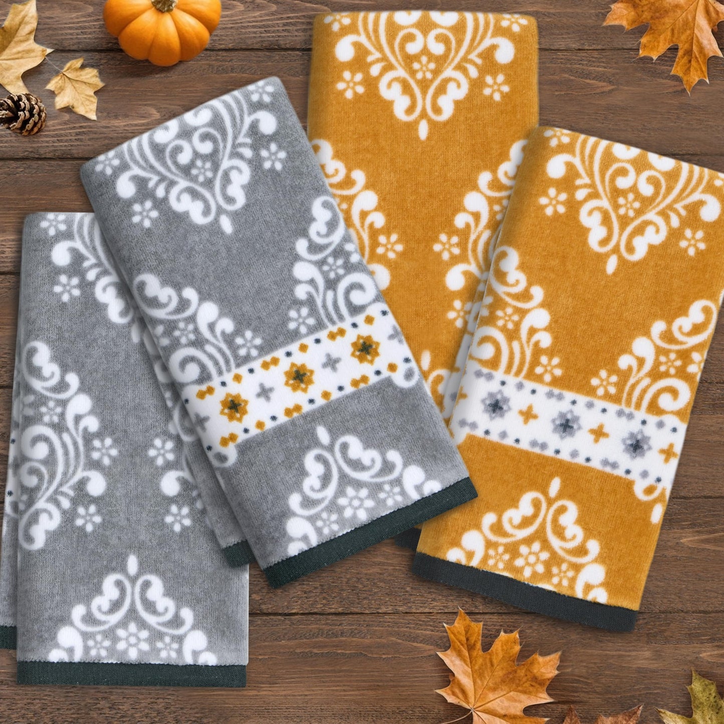Print Hand Towels for Bathroom (15"x25", 4PC) - 100% Cotton | Not Thick | Soft | Absorbent | 400 GSM | Fluffy, Bathroom Towels Decorative Set for Guest/Daily Use, 2 Gray Damask + 2 Gold Damask