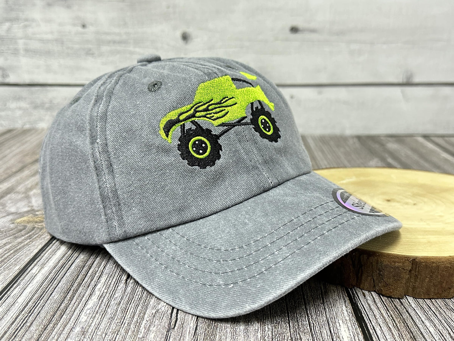 Shenbors Embroidered Monster Truck Hats for Boys Girl, Children's Washed Gray Adjustable Baseball Cap Dad Hat for Kids Child