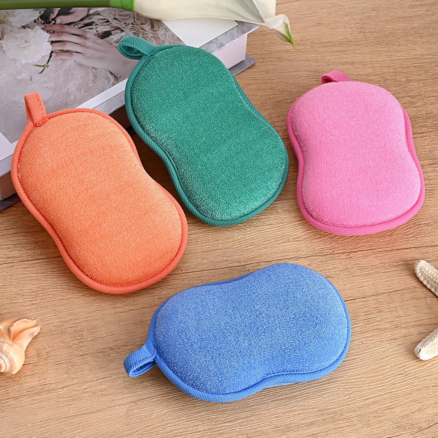 4 Pcs Baby Bath Sponge, Plant Fiber Kids Bath Sponges, Soft Absorbent Exfoliating Kids Loofah with Hanging Hole, Double-Sided Absorbent Reuseable Gourd Baby Sponge for Bathing Fit All Skin