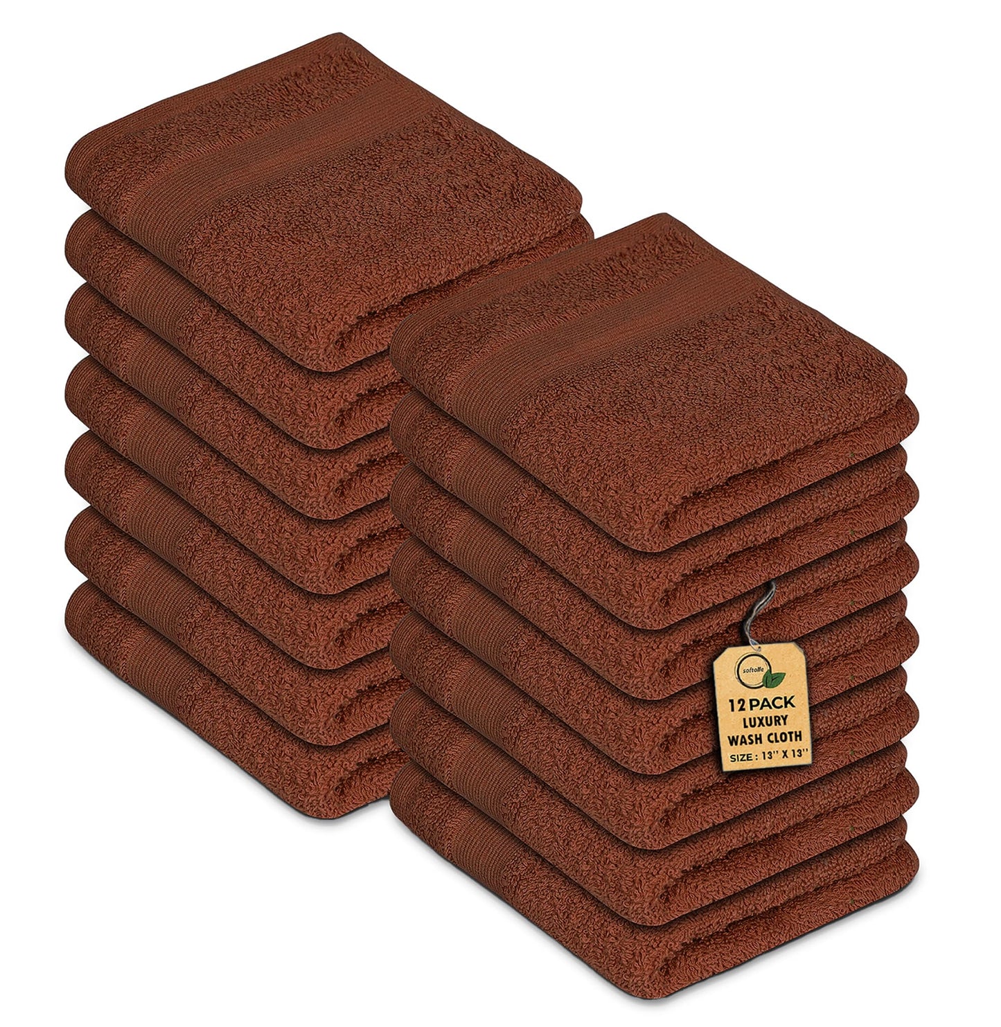 Premium Wash Cloths Pack of 12 (13" x 13") 100% Ring Spun Cotton | Luxury Washcloths | Ultra Soft Face Towels | Highly Absorbent Wash Cloths for face (Dark Brown)