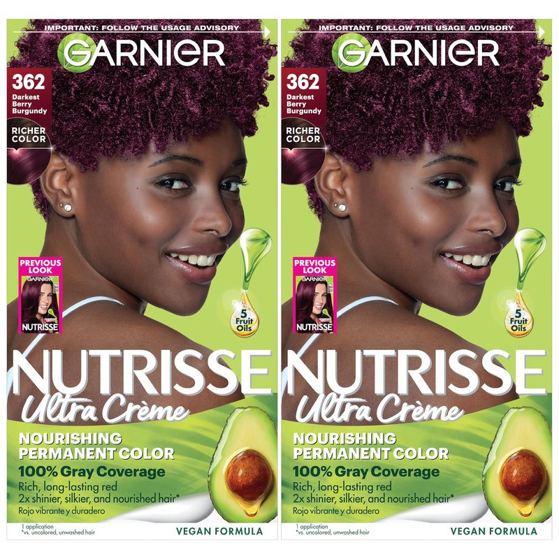 Garnier Nutrisse Ultra Crème Hair Color, Permanent Hair Dye with 100% Gray Coverage, Vegan & Cruelty-Free, 362 Darkest Berry Burgundy (Raspberry Jam), 2 Count