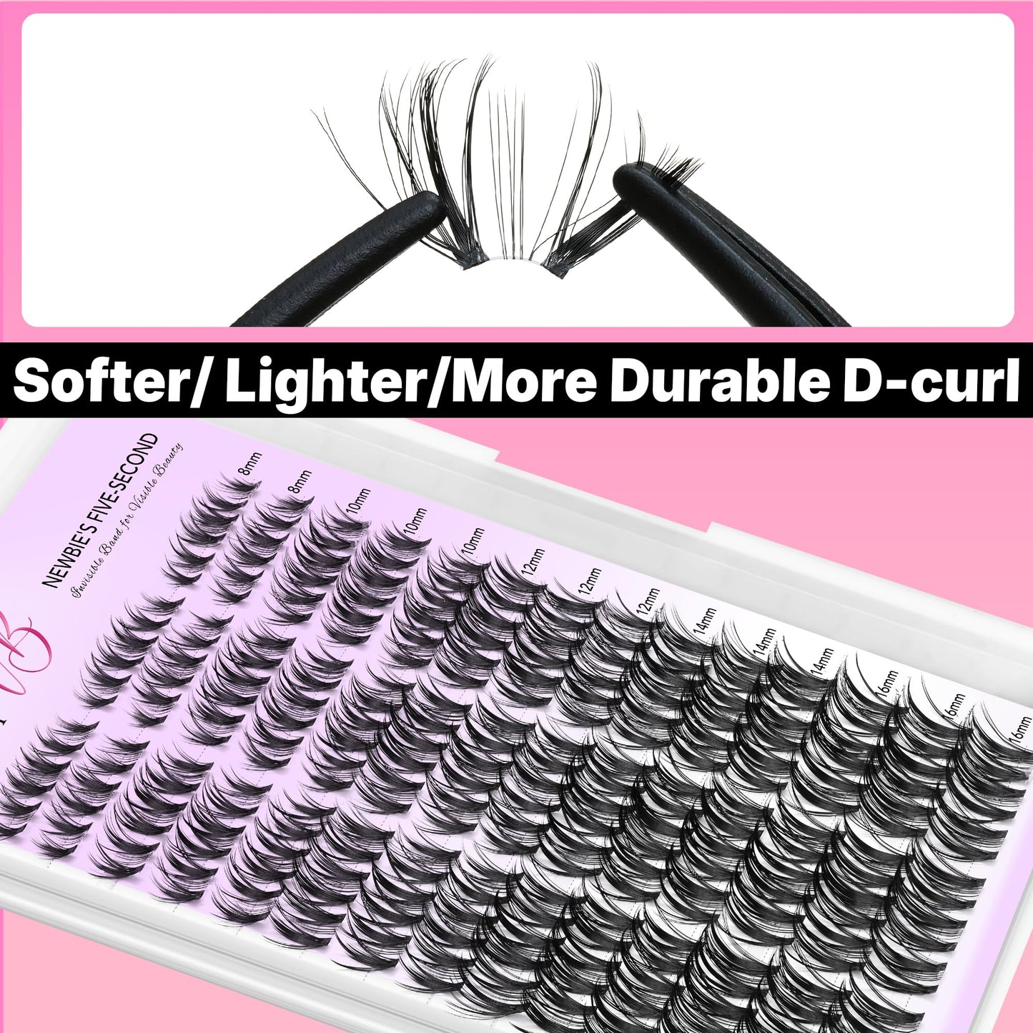 VEYESBEAUTY Lash Clusters Kit Eyelash Extensions Thin & Invisible Band DIY Individual False Eyelashes Newbie's Five-Second Series Lash Tray for Self-application, Whisper Lash 8-16mm Mixed Length