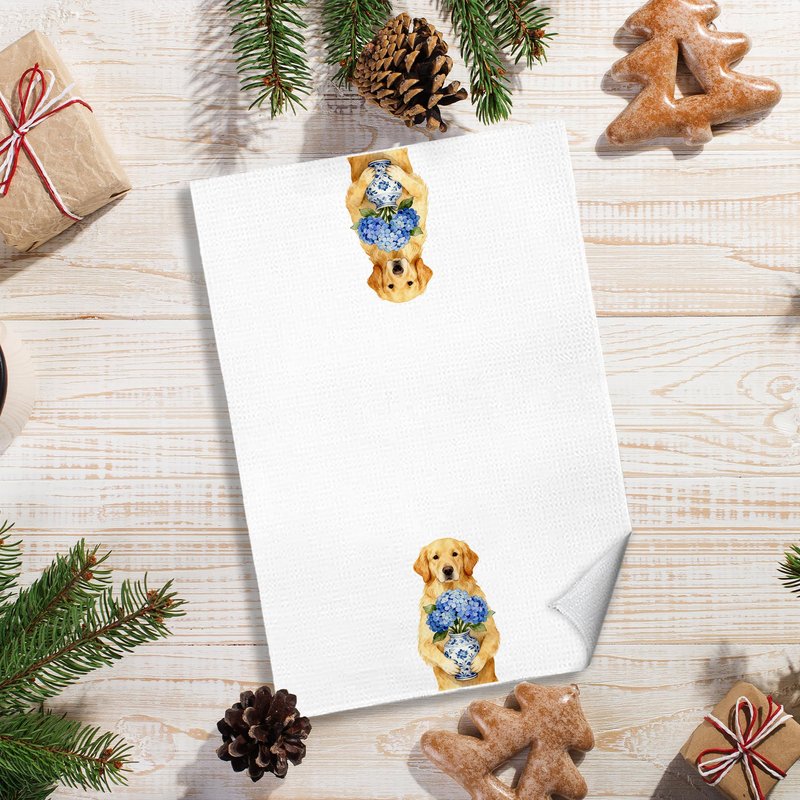 awdschkj Blue Chinoiserie Hydrangea Golden Retriever Kitchen Towels, Golden Retriever Lovers Gifts Dish Tea Towels, Grandmillennial Floral Dog Decorative Hand Towel for Bathroom, 16x24 Inches