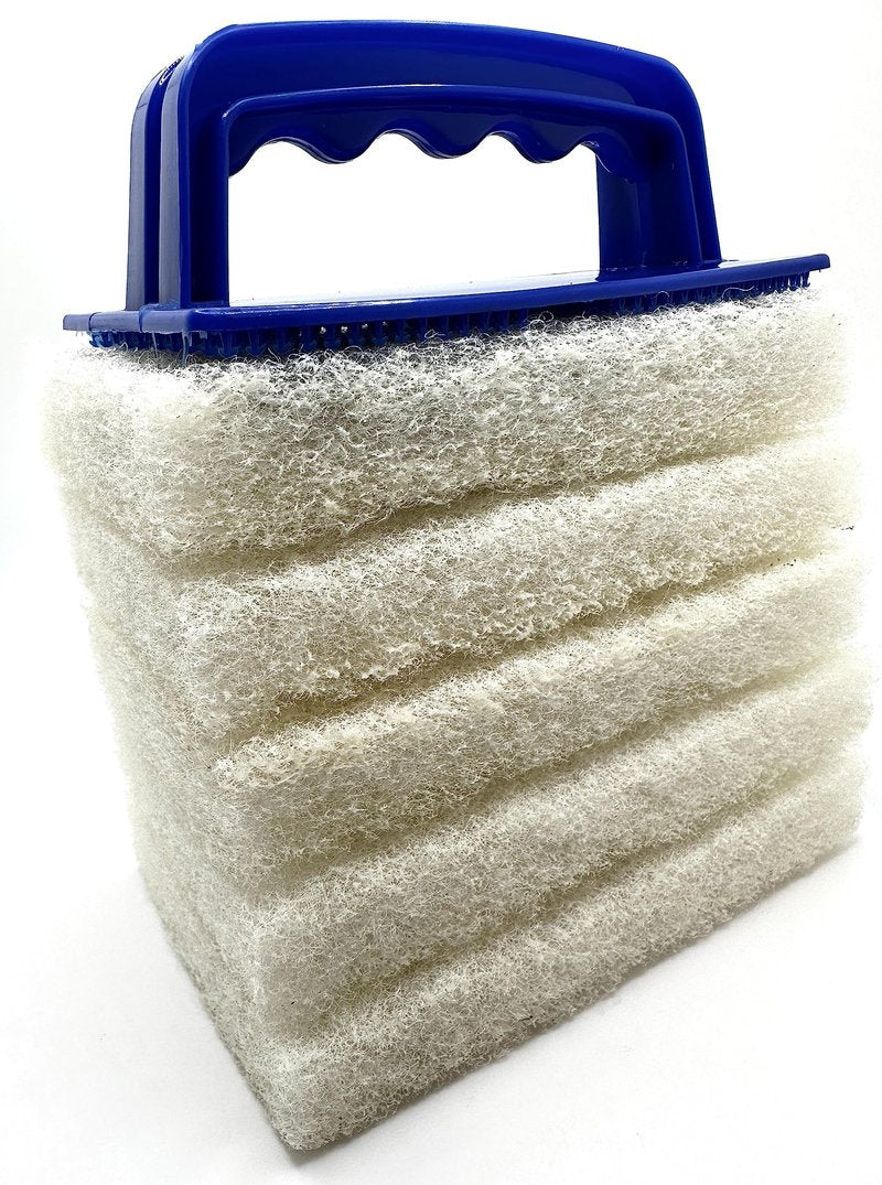 Handled Bath Scrubber 6 Piece Heavy Duty Cleaning Scrub Sponge Brush Bathroom Scouring Pads White Non-Scratch Remove Soap Scum Cleaning Shower Tile Bathtub Sink Pools Hot Tubs Waterline Steps Corners