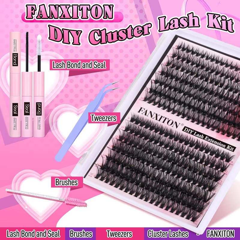 FANXITON Eyelash Extension Kit - 280 Thick Volume Lash Clusters 40D/50D D Curvature with Bond & Tweezers