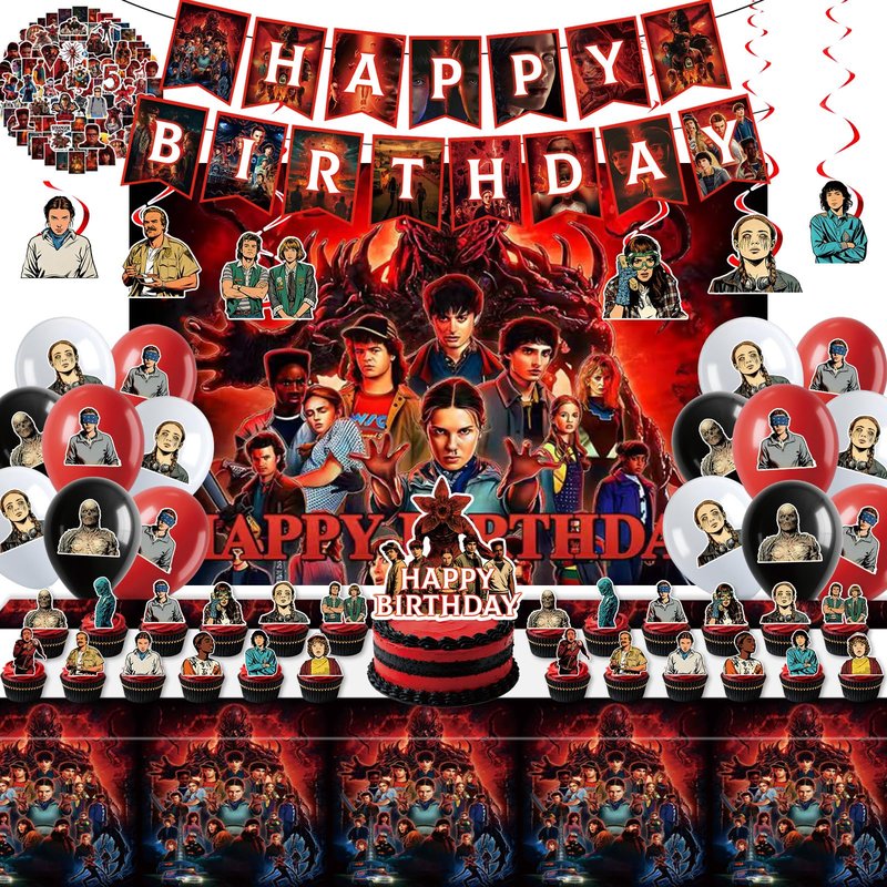 125Pcs Birthday Party Decorations Kit - Backdrop, Tablecloth, 15 Birthday Banner, 18 Balloons, Big Topper, 24 Cupcake Toppers, 6 Hanging Swirls, 60 Stickers for Themed Decor