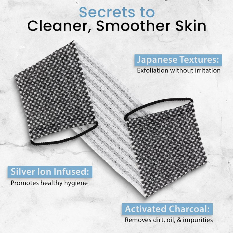 Japanese Exfoliating Washcloth for Back & Body 2-Pack - Charcoal & Silver Ion Exfoliating Towel with Handles - Two-Sided Gentle Exfoliation & Deep Cleanse Body Wash Cloths for Shower - 1 White, 1 Blue