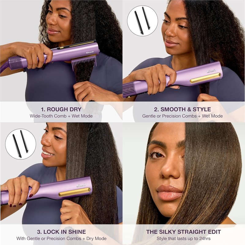 Shark SilkiPro™ Straight Hair Straightener - Wet-to-Dry Technology | Ultra-Fast Drying | Plum Satin | 3 Combs Included