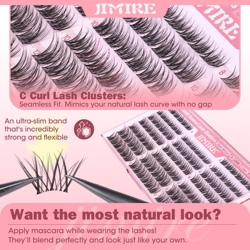 Natural Lash Clusters Wispy 8-12MM Short Eyelash Clusters Wispy Lashes Clusters with Clear Band C-Curly Cluster Eyelash Extensions 120Pcs DIY Lash Extensions at Home by JIMIRE