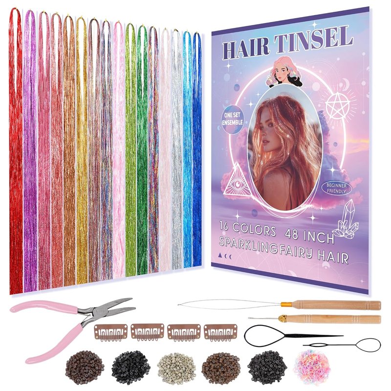 Hair Tinsel Kit - 16 Colors Heat Resistant Glitter Extensions for Girls | 48 Inches Long