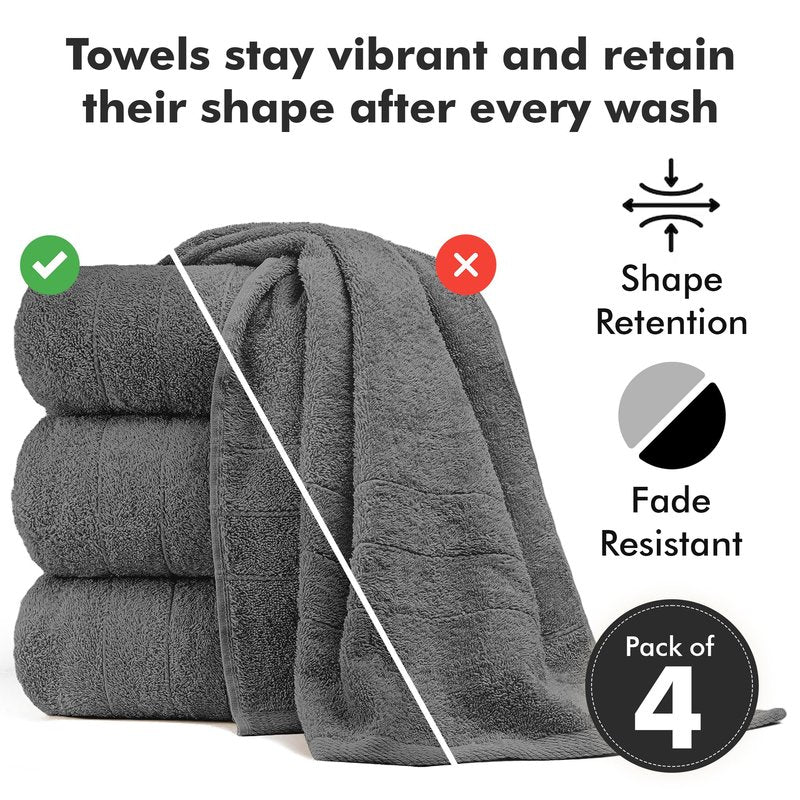 Novo Home Bath Towels Set of 4 – 100% Ring Spun Cotton Dark Grey Extra Large Towels for Bathroom, Spa Use (55x28 in) – 550 GSM Super Soft and Quick Dry Large Bath Sheets for Adults