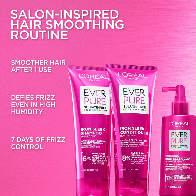 L'Oreal Paris Sulfate Free Iron Sleek Smoothing Conditioner, Frizz Control and Humidity-Resistant Formula with Alpha-Acids for Frizzy Hair, EverPure Hair Care, 6.8 Fl Oz