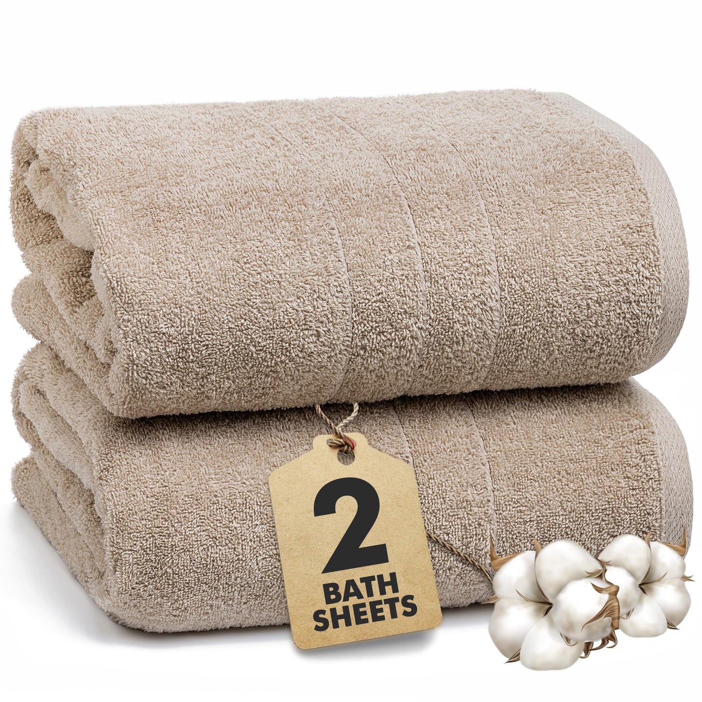 Novo Home Bath Sheets – 550 GSM Extra Large Bathroom Sheet Set – Pack of 2 Jumbo Towels Beige (71x35in) – 100% Ring Spun Cotton Soft Quick Dry Large Bath Towels for Adults Hotel Spa Bathroom Use