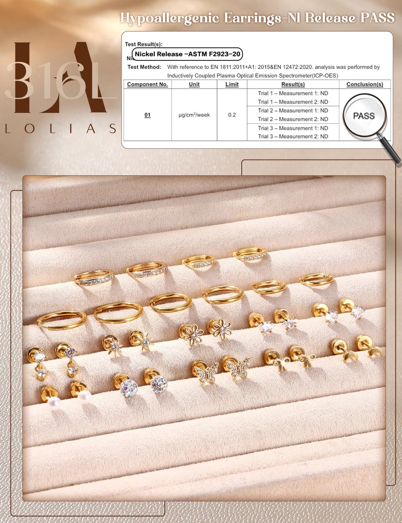 LOLIAS 14K Gold Plated Flat Back Earrings - Hypoallergenic Surgical Stainless Steel Stud Hoop Earrings for Women Girls Kids Cute Stud Earring Set Small Huggie Hoops Cartilage Earring Stacks