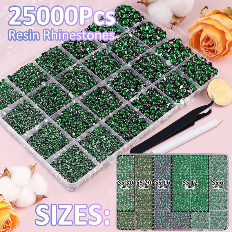 Skiennix 25000 Pcs Resin Rhinestones - Emerald Green Flatback Gems for DIY Craft Projects | 2-6mm Mixed Sizes