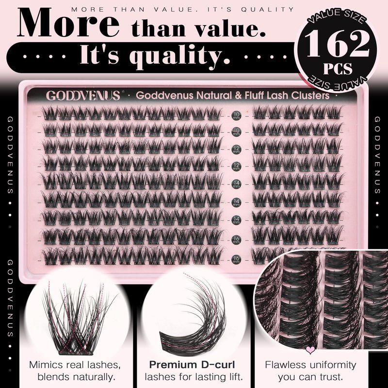 Goddvenus Natural Lash Clusters Wispy Cluster Eyelash Extensions, Fluffy DIY Lash Extension Natural Look False Eyelashes, D Curl Individual Lashes (D Curl 162pcs)