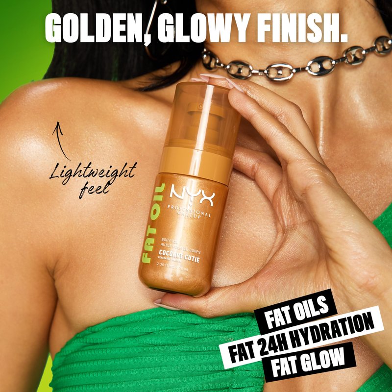 NYX PROFESSIONAL MAKEUP Fat Oil Body Oil in Coconut Cutie, Coconut Scented Body Glow Moisturizer With Vitamin E for 24HR Hydration and Glowing Skin, Golden Finish, Vegan & Cruelty-Free