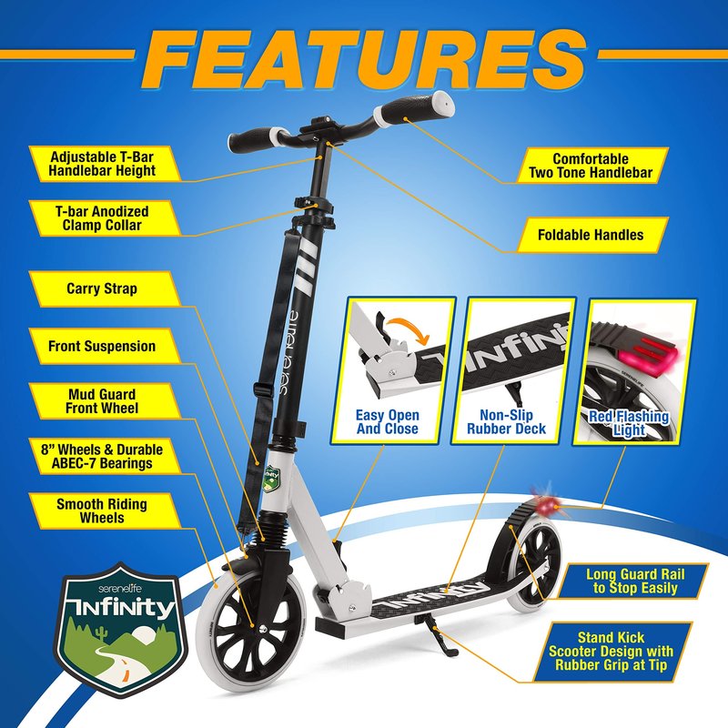 SereneLife Foldable Kick Scooter - Stand Kick Scooter for Teens & Adults with Rubber Grip at Tip, Alloy Deck, Adjustable T-Bar Handlebar Height, Smooth Gliding Wheels, Easy Maneuvering (Black & White)