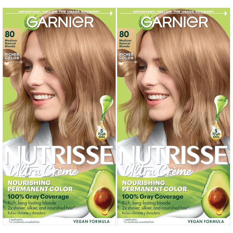 Garnier Nutrisse Ultra Crème Hair Color - 100% Gray Coverage, Vegan & Cruelty-Free | 80 Medium Natural Blonde, 2 Count
