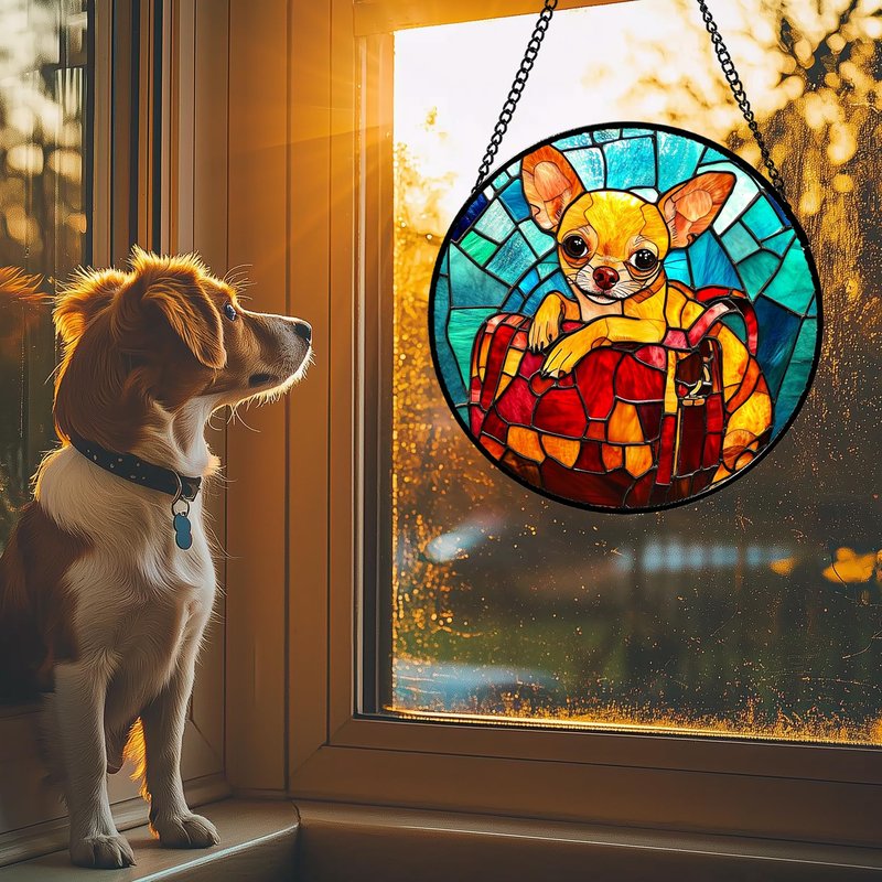 GEFOS Stained Glass Window Hanging Cute Dog Chihuahua 6.3" - Suncatcher Door Garden Sunroom Sun Catcher Home Decor Birthday Christmas for Lost Pets Mom Men Woman Nana