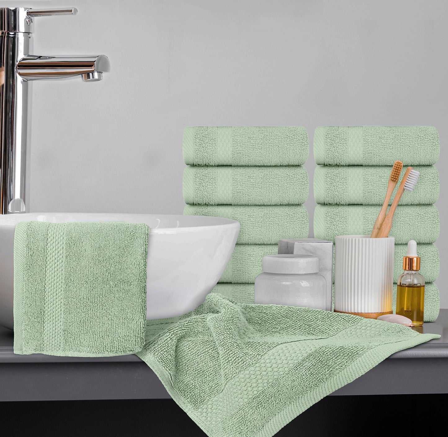 White Classic Luxury Cotton Washcloths 13x13 Inch - 650 GSM Turkish Cotton | Hotel, Spa, Bathroom Face Towel | 12 Pack, Mint Green