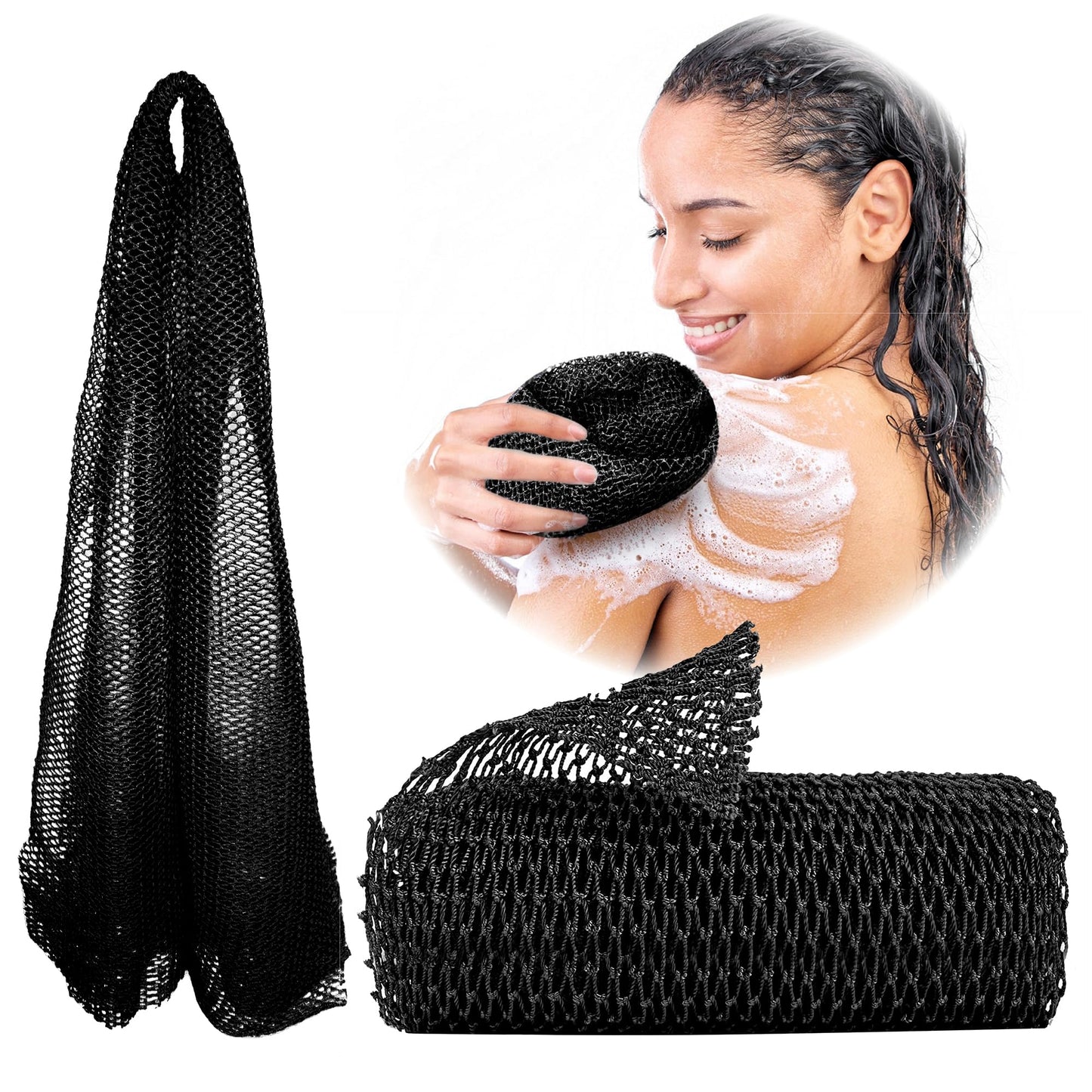 African Net Sponge Authentic with Knots, Exfoliating Bath Cloth, Real African Wash Net, Black Owned Sapo Afro Body Scrubber, Shower Essential Body Exfoliator, Large Deluxe Version (Black Large)