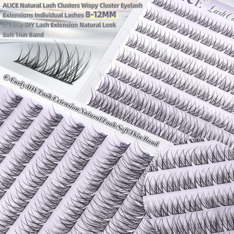 ALICE Natural Short Lash Clusters Wispy 8-12mm Cluster Eyelash Extensions Individual Lashes C-Curly DIY Lash Extensions Soft Thin Band Eyelash Clusters