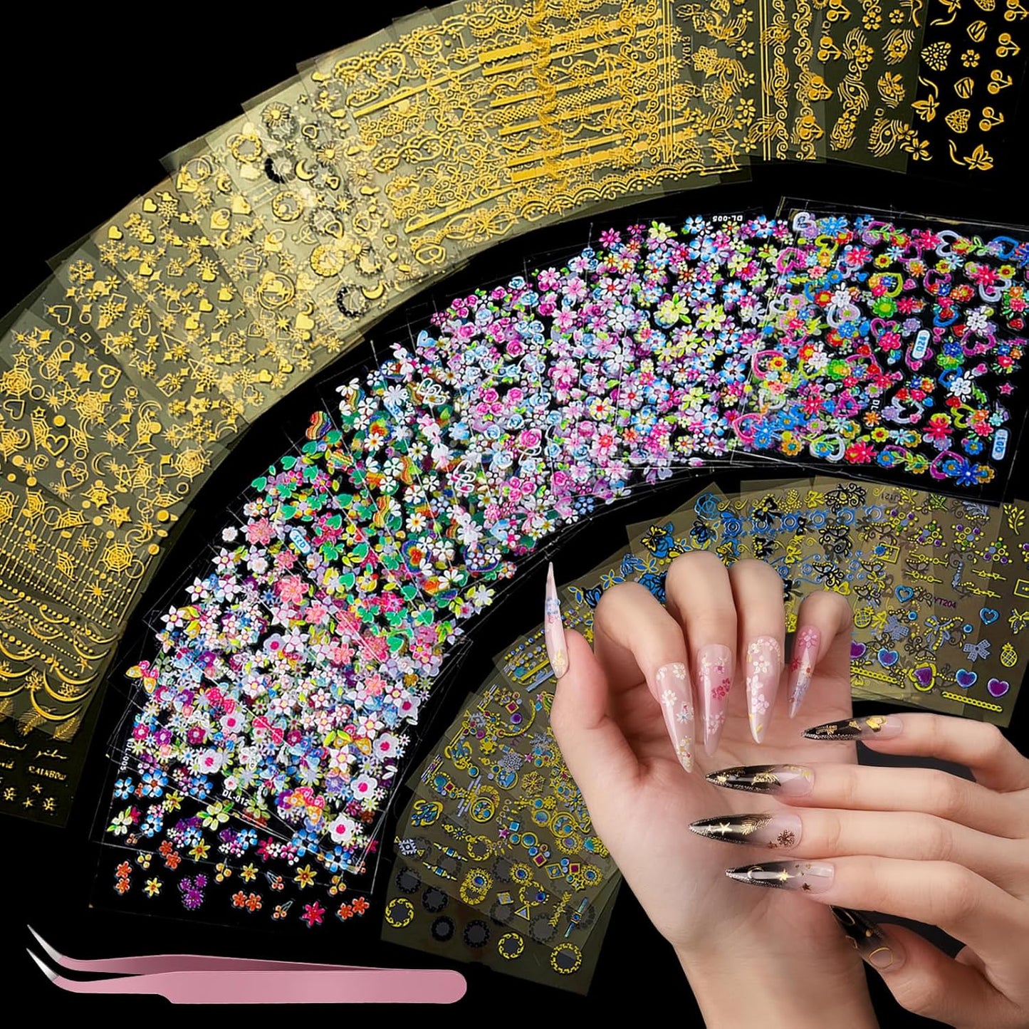 Teenitor Nail Stickers - 50 Sheets of Gold Floral Nail Art Decals for Creative Designs | Perfect for Women, Girls, and Kids