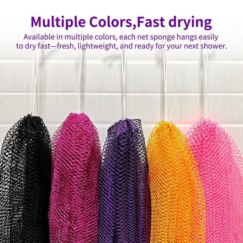 Authentic African Net Sponge,Extra Rough Scrubber,Travel Sponge,Long Stretch Body&Back Scrubber up to 47 Inches,Quick-Drying Exfoliating with Zipper Pouch (Purple/Pink)
