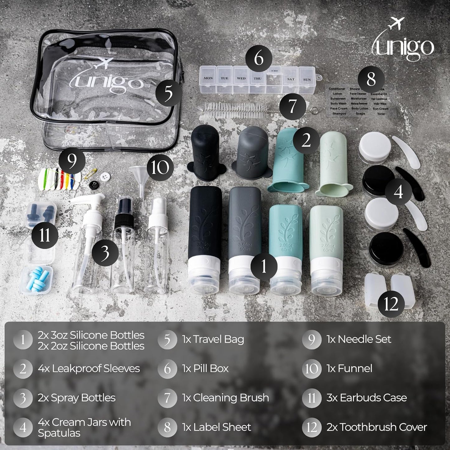 Unigo Travel Bottles Set - 30 Pack Leakproof Refillable Toiletry Containers | TSA Approved with Labels & Brushes