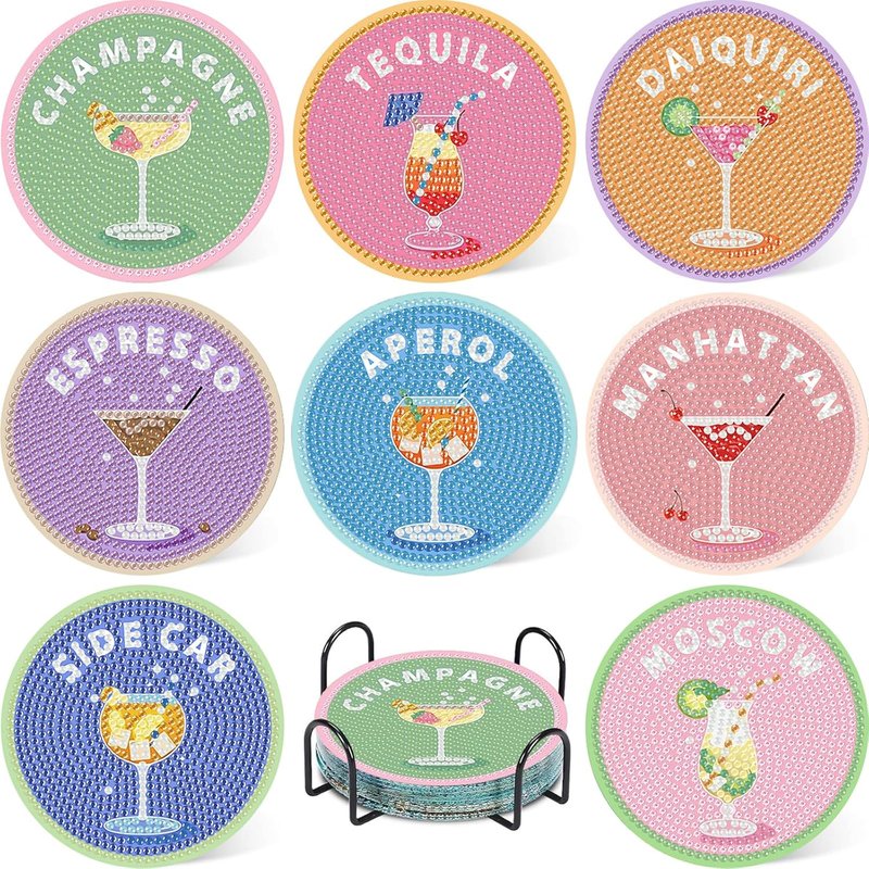 8 Pcs Cocktail Diamond Art Coasters Kit - DIY 5D Gem Painting Coasters with Holder | Perfect Gift for Adults