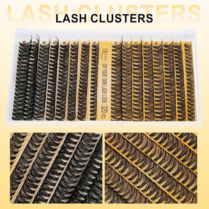 QUEWEL Lash Clusters Kit - 320 Pcs 30D & 40D Eyelash Extensions | Wispy 9-16mm with Bond & Seal Glue