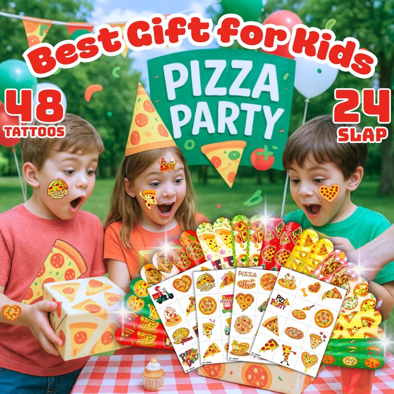 72PCS Pizza Party Set 48PCS Temporary Tattoos 24PCS Slap Bracelets Fun Food Themed Birthday Supplies, Baby Shower Gifts, Classroom Rewards & Party Decor for Kids Boys & Girls