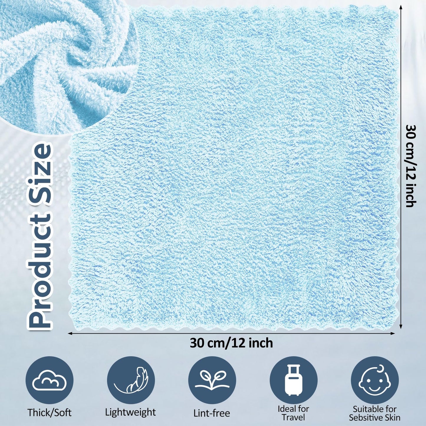 Newwiee 100 Pack Washcloths Bulk, Ultra Soft Wash Cloths 12 x 12 Inch Quick Dry Absorbent Microfiber Face Towel,Reusable Facial Fingertip Cloth for Spa Baby Shower & Craft(Light Blue)