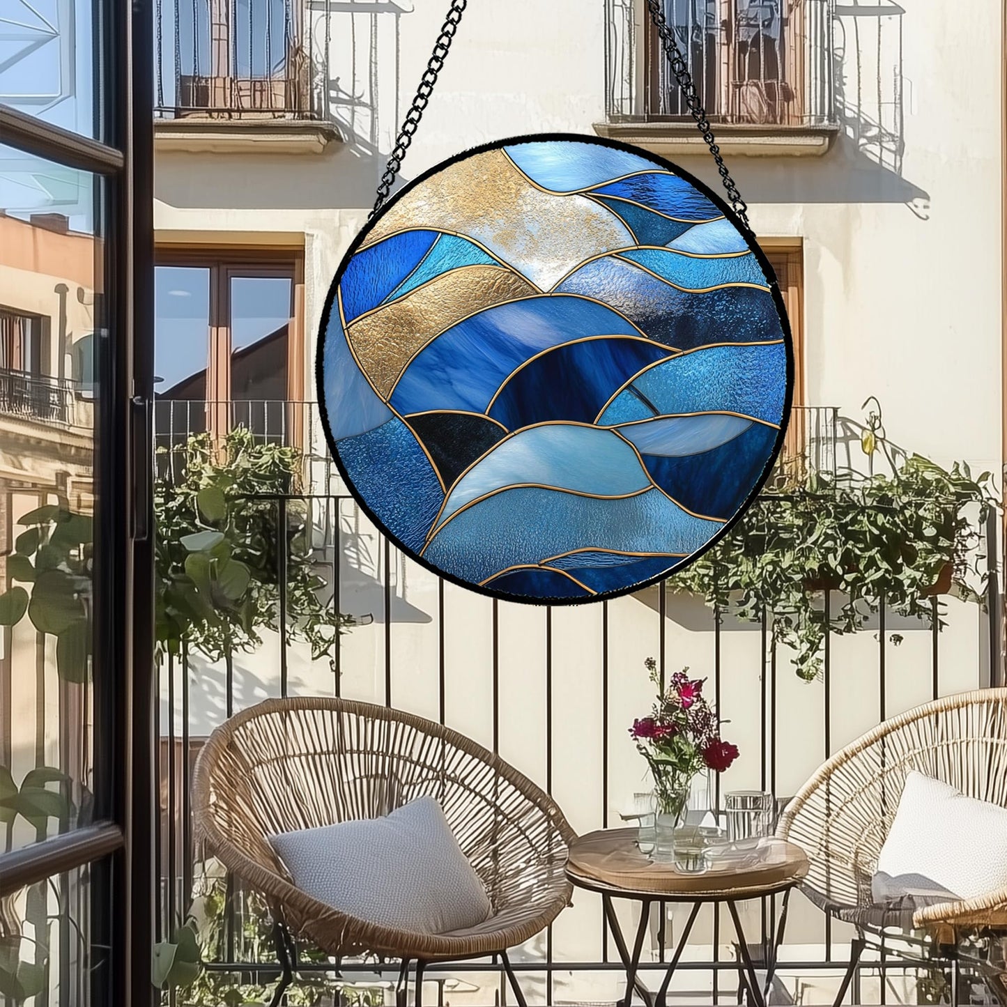 GEFOS Stained Glass Window Hanging Blue Golden Ocean Waves 7.8" - Suncatcher Door Garden Sunroom Sun Catcher Home Decor Housewarming Birthday for Mom Grandma Men Woman
