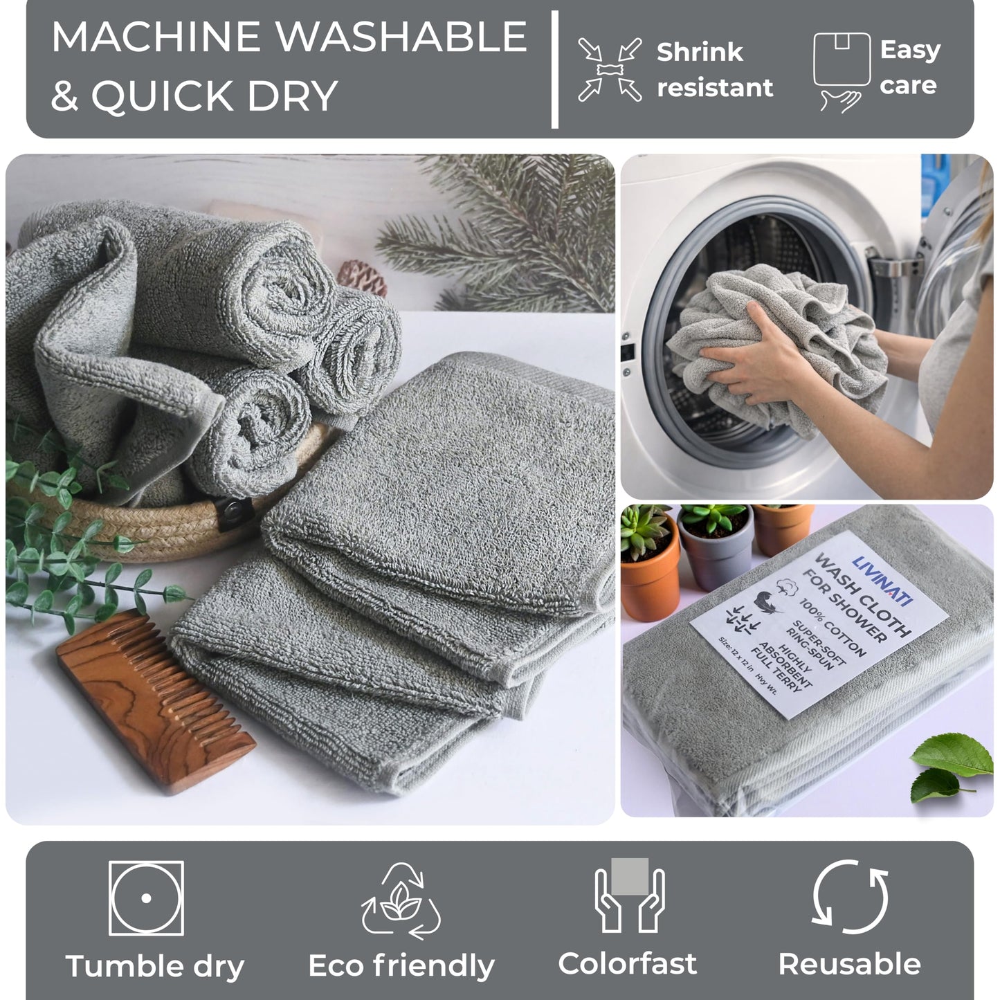 LIVINATI Thick Gray 100% Cotton Wash Cloths for Showering Body and Face - 12"X12" 6 Pack Washcloths - Small Terry Towel Bath Rags for Adults and Kids Bathroom - Soft Absorbent