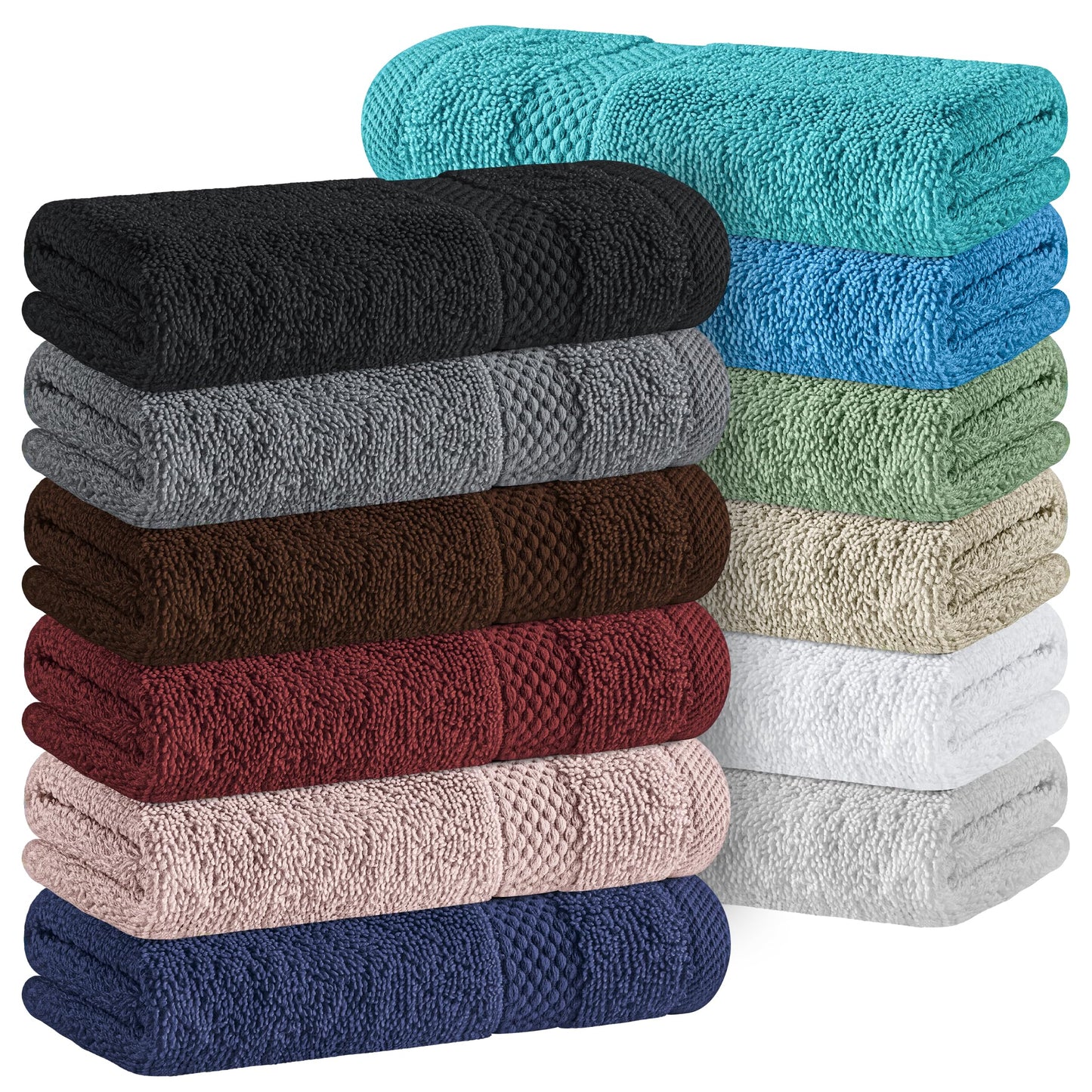 White Classic Luxury Cotton Washcloths 13x13 Inch - 650 GSM Turkish Cotton | Hotel, Spa, Bathroom Face Towel | 12 Pack, Multicolor