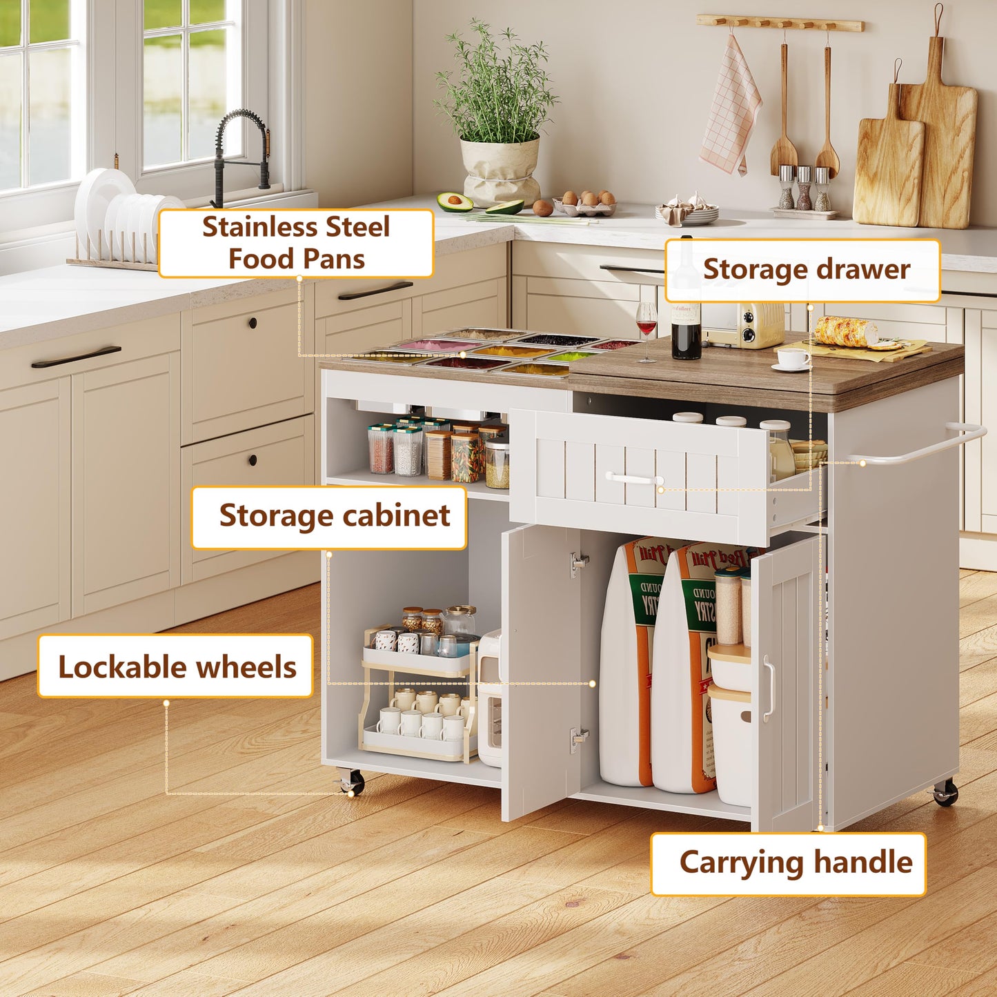 WLLPNG 47.2" Rolling Kitchen Island with Storage and 9 Stainless Steel Food Pans, Kitchen Island with Drawers and Foldable Prep Surface, Charcuterie Cart Island Table for Kitchen Party