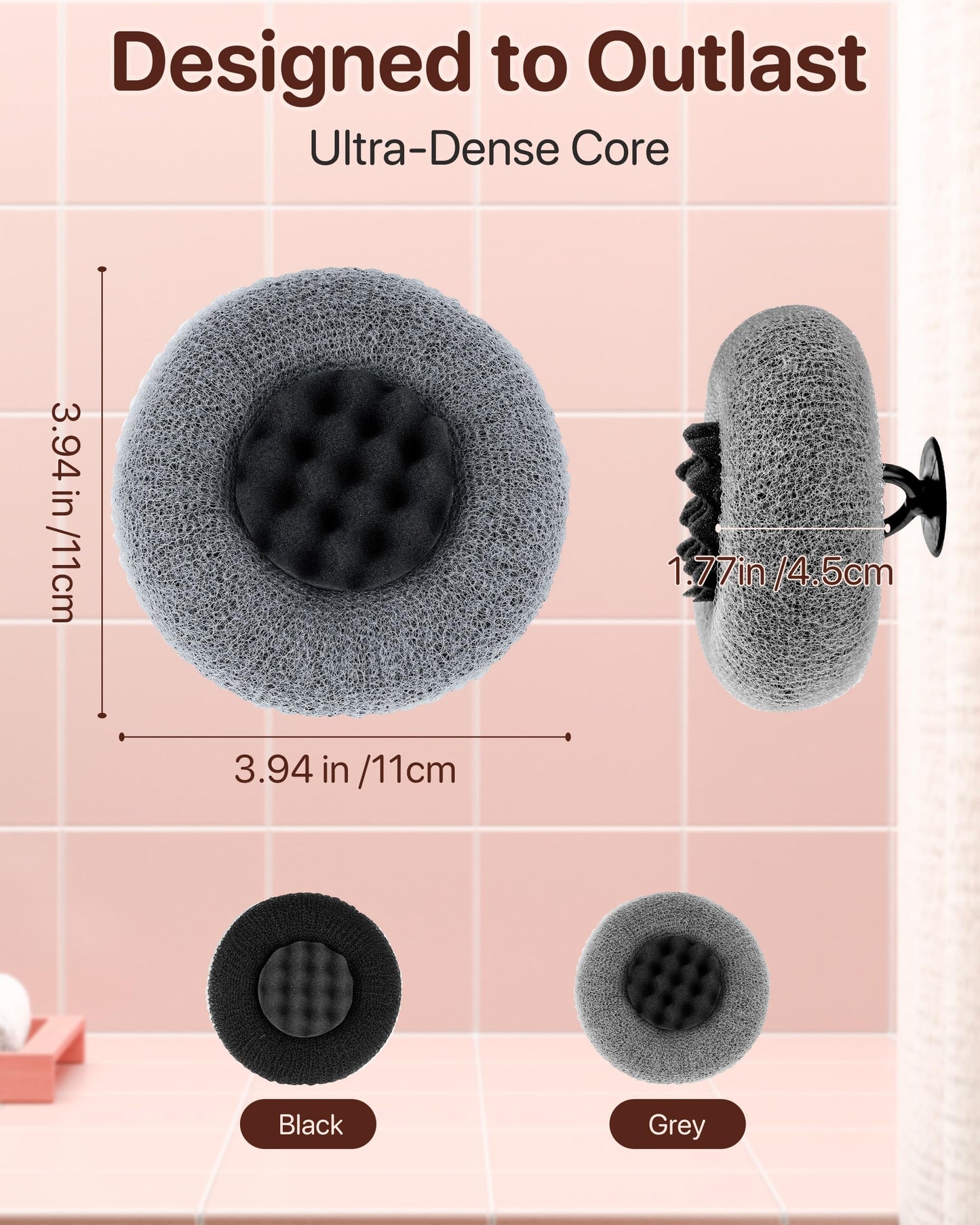 Super Soft Sunflower Suction Cup Bath Sponge loofah, 2026 Upgraded 2-in-1 Sunflower Ball Exfoliating Bath Sponge Cleaning Brush, Mesh Shower Body Sponge Accessories for Women, Men Shower (Black+Grey)