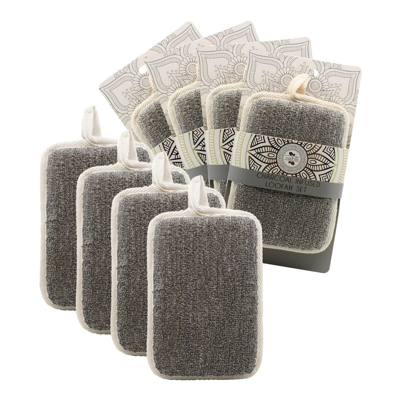 Earth & I Charcoal Loofah Sponge 4 Count, Loofa, Loofah Exfoliating Body Scrubber, Shower Loofah, Luffa, Loofah for Men and Women, Body Scrubbers for Use in Shower