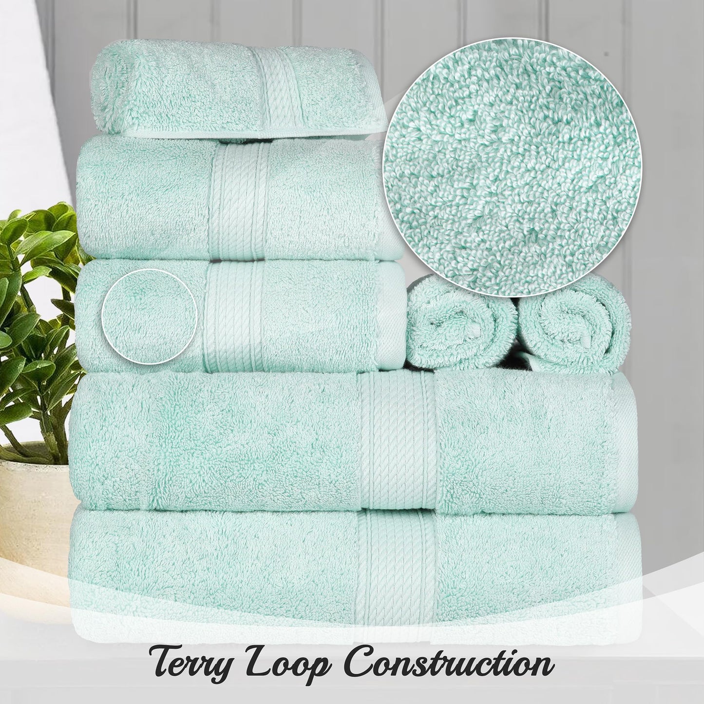 Superior Egyptian Cotton Pile 9 Piece Towel Set, Includes 3 Bath, 3 Hand, 3 Face Towels/Washcloths, Ultra Soft Luxury Towels, Thick Plush Essentials, Guest Bath, Spa, Hotel Bathroom, Sea Foam