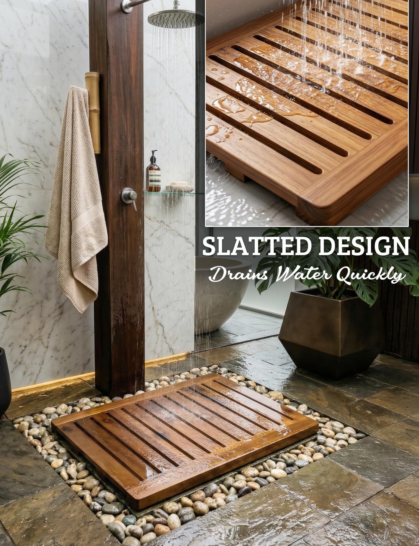 Acacia Wood Shower Mat 24x18 Inches by Demigo, Luxury Bath Mat Non Slip for Bathroom Bathtub Shower Spa Garden Home, Wooden Floor Mat Square Large for Outdoor and Indoor