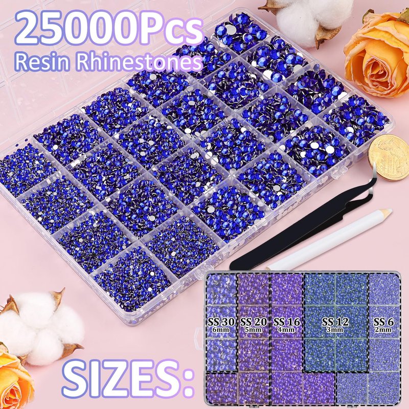 Skiennix 25000Pcs Royal Blue Resin Rhinestones - Non-Hotfix Flatback Gems for DIY Craft Projects | 2-6mm Mixed Sizes
