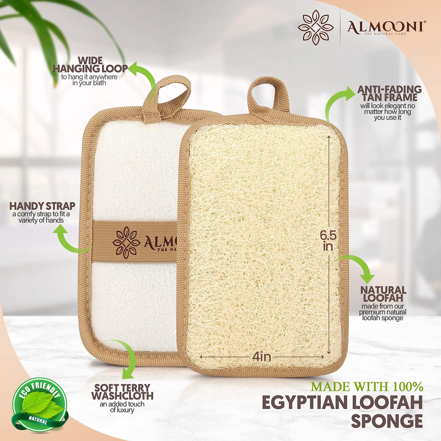 Almooni Premium Egyptian Exfoliating Loofah Pad Body Scrubber - Rectangular loofa Shape - Made with Natural Egyptian Shower lufa Sponge that Gets You Clean, Not Just Spreading Soap (2 Pack)