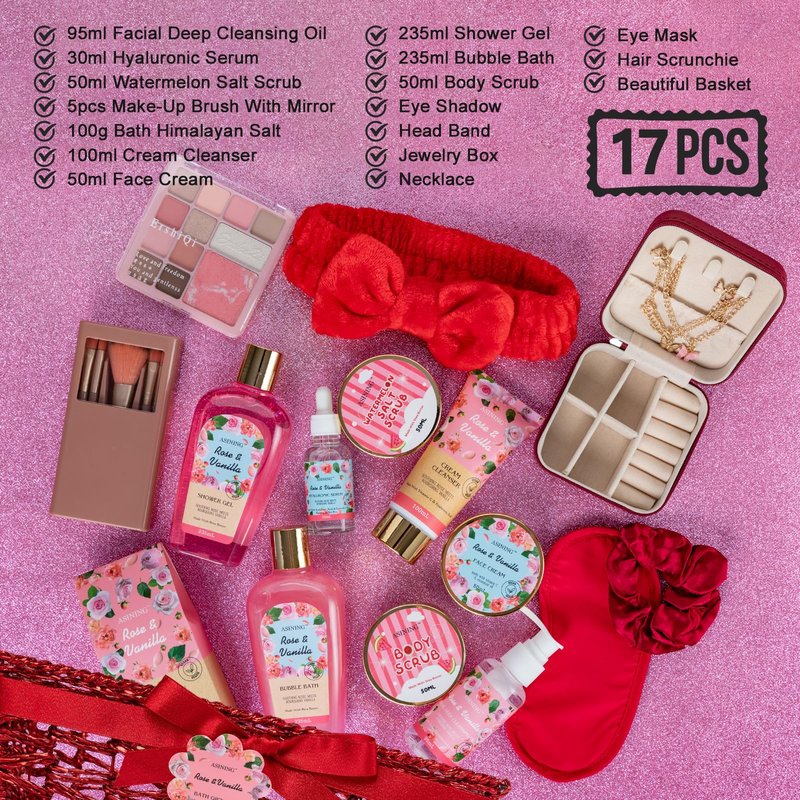 Bath and Body Gift Basket Set Mothers Day, 16 Pcs Luxury Rose & Vanilla Scent Spa Gift Basket Set for Women, Watermelon Body Scrub, Perfect Bath & Body Gift Set, Home Spa Bath Pamper Gifts Teens