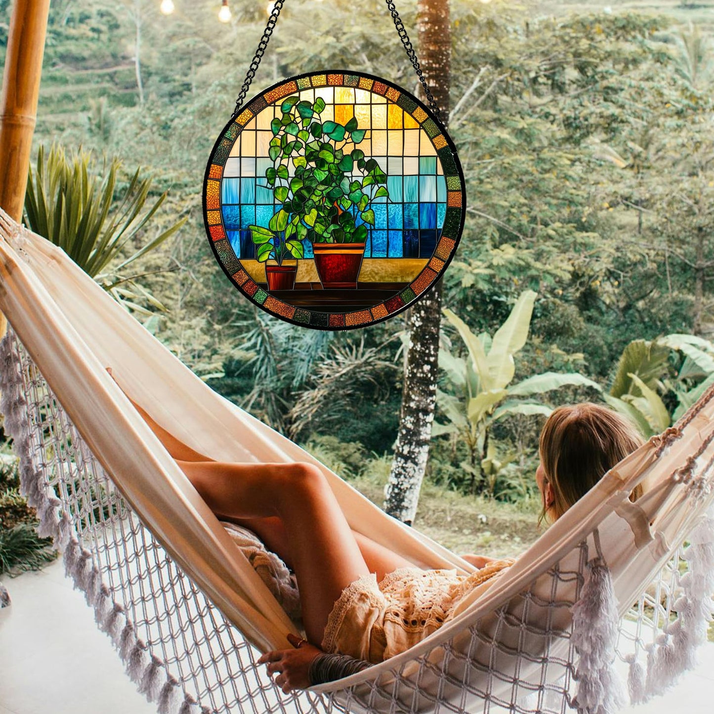 QZQCBLC Stained Glass Window Hanging Green Potted Plants Large 15" - Suncatcher Door Garden Sun Catcher Retro Home Decor Birthday Christmas for Mom Men Woman Nana Friend