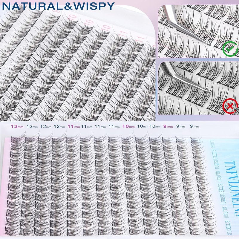 Natural Lash Extension Kit - 168 Pcs Wispy Eyelash Clusters with Bond & Seal Glue | 9-12MM Individual Lashes